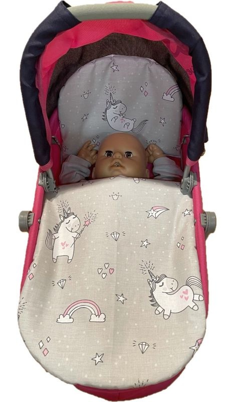 Peřinky do kočárku pro panenky Jednorožec šedá